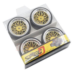 [#WL-0099] Spec D LS Wheel Offset +6 Gold Silver w/Tire 4pcs for 1/10 Drift