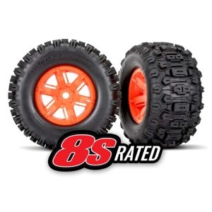 [AX7774T]  Tires /wheels, assembled, glued (X-Maxx orange wheels, Sledgehammer tires, foam inserts) (left /right) (2)