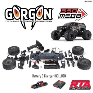 [ARA3230SKT1]1/10 GORGON 4X2 MEGA 550 브러시드 몬스터 트럭 조립 준비 완료 키트(배터리 및 USB충전기 포함)