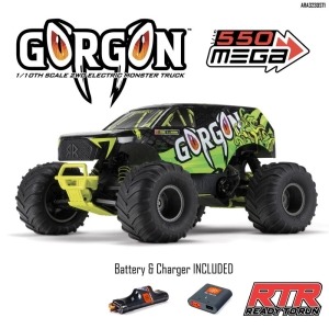[][ARA3230ST]1/10 GORGON 4X2 MEGA 550 브러시드 몬스터 트럭 RTR (배터리 및 USB 충전기 포함, 노란색)