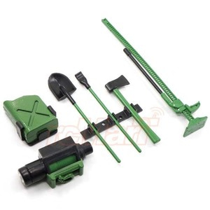 [#YA-0356GN] 1/10 RC Crawler Scale Accessory Tool Set Axes Digging Shovel Oil Tank High Jack Winch Pry Bar (Green)