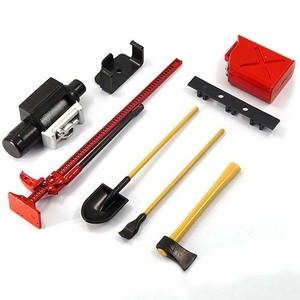 [#YA-0356RD] 1/10 RC Rock Crawler Accessory Tool Set Axes Digging Shovel Oil Tank High Jack Winch Pry Bar (Red)