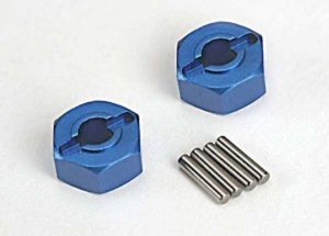 AX1654X Wheel hubs hex (blue-anodized lightweight aluminum) (2)/ axle pins(2)