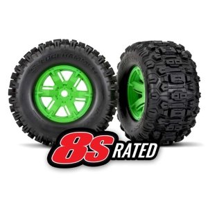 [AX7774G] Tires /wheels, assembled, glued (X-Maxx green wheels, Sledgehammer tires, foam inserts) (left /right) (2)