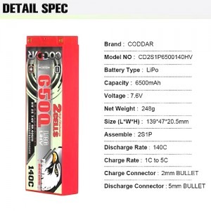 []CODDAR 6500mAh Straight 7.6V 140C H.V LI-PO Battery